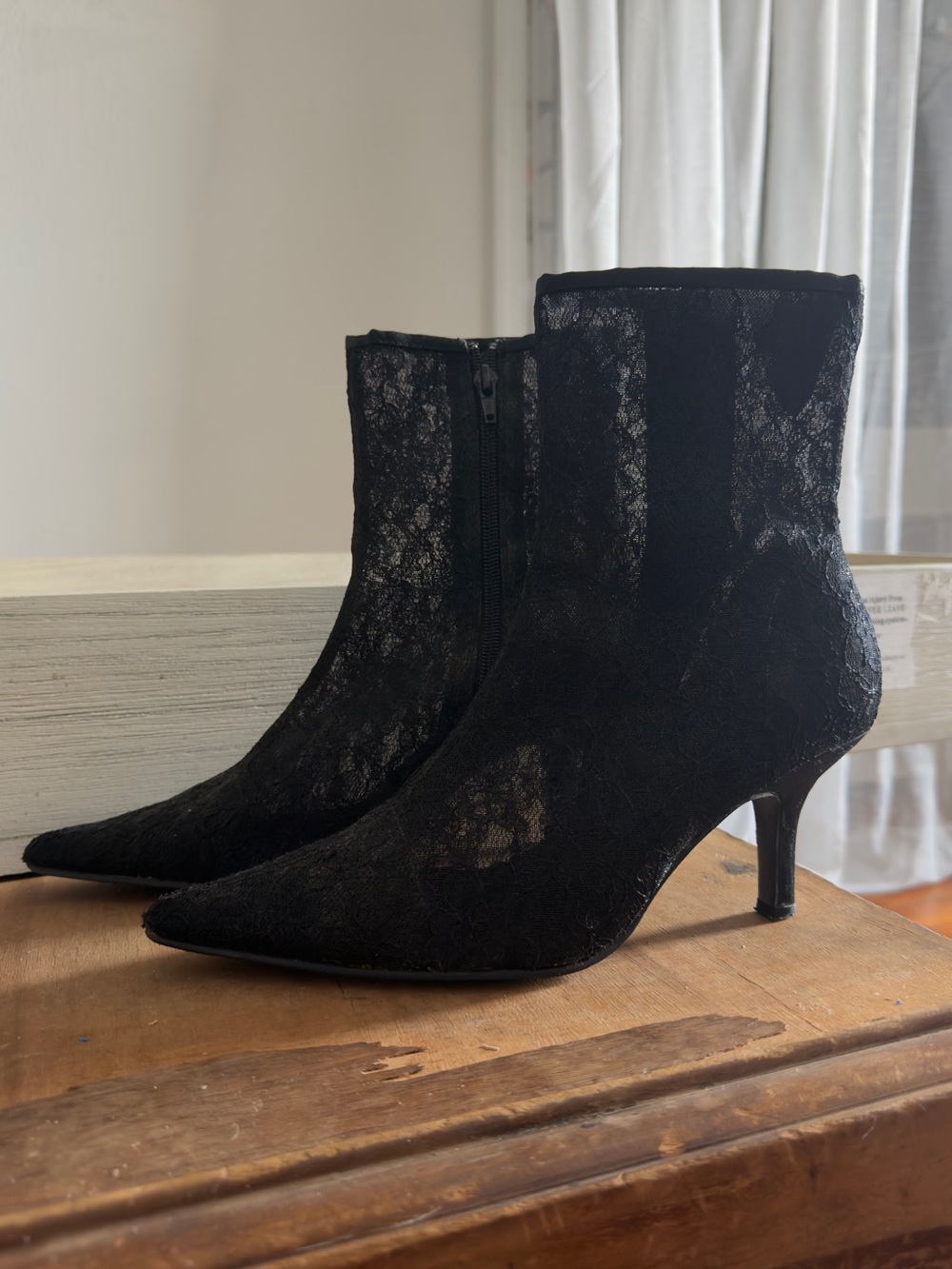 Vintage 90s Newport News sheer black lace stilleto booties 3” heel